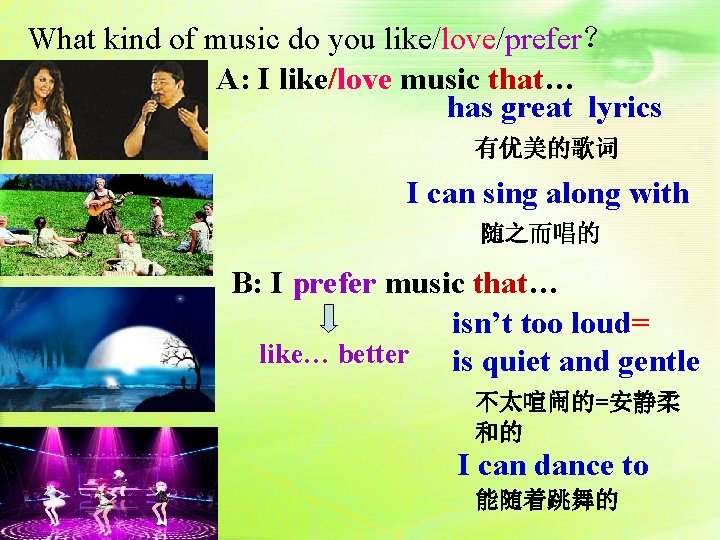 What kind of music do you like/love/prefer？ A: I like/love music that… has great