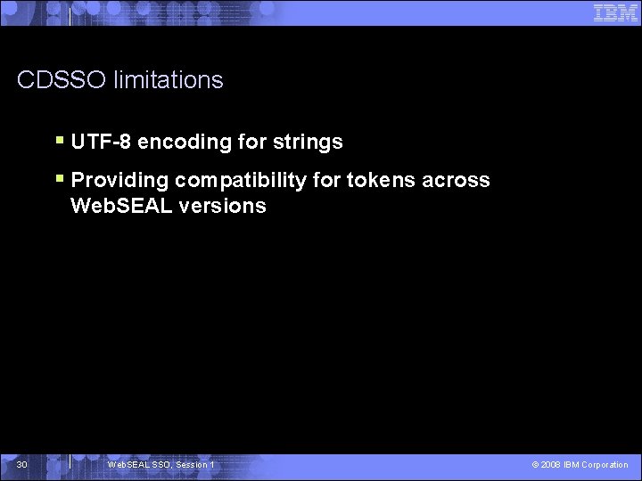 CDSSO limitations § UTF-8 encoding for strings § Providing compatibility for tokens across Web.