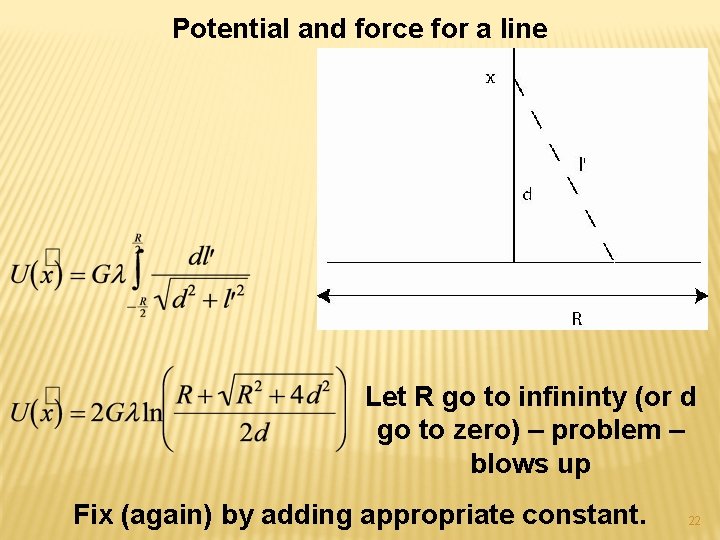 Potential and force for a line Let R go to infininty (or d go