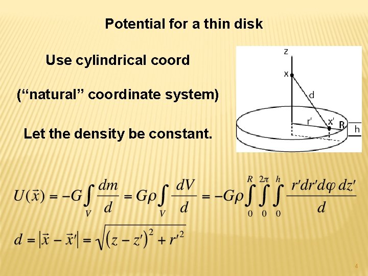 Potential for a thin disk Use cylindrical coord (“natural” coordinate system) Let the density
