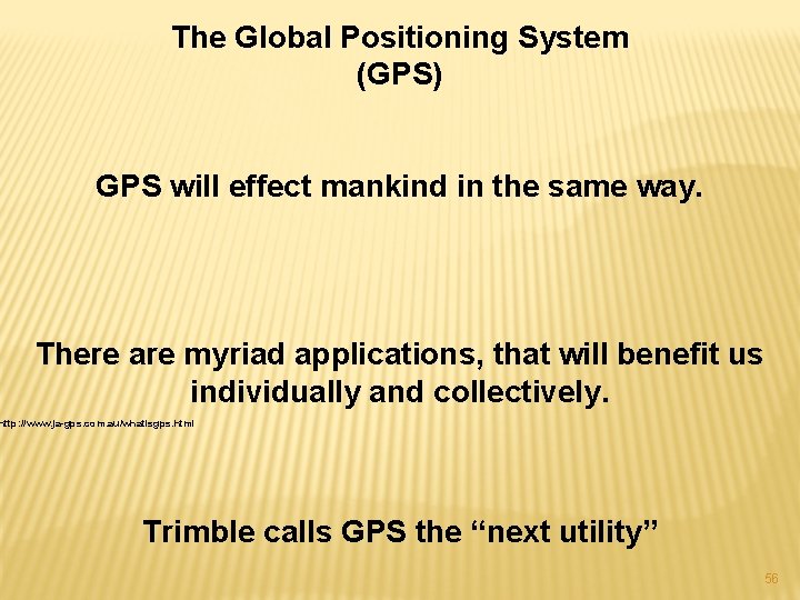 The Global Positioning System (GPS) GPS will effect mankind in the same way. There