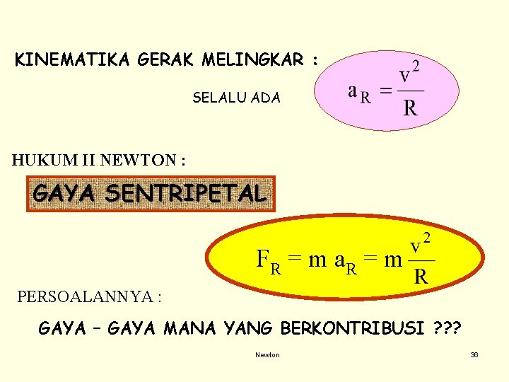 KINEMATIKA GERAK MELINGKAR : SELALU ADA HUKUM II NEWTON : GAYA SENTRIPETAL FR = KINEMATIKA GERAK MELINGKAR : SELALU ADA HUKUM II NEWTON : GAYA SENTRIPETAL FR =