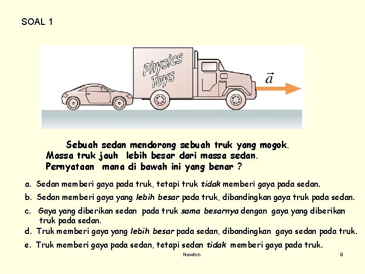 SOAL 1 Sebuah sedan mendorong sebuah truk yang mogok. Massa truk jauh lebih besar