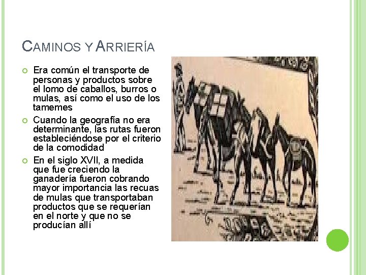 CAMINOS Y ARRIERÍA Era común el transporte de personas y productos sobre el lomo