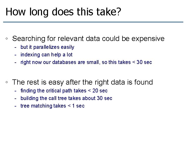 How long does this take? ◦ Searching for relevant data could be expensive -