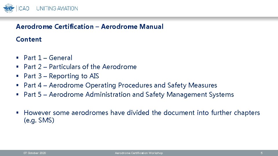 Aerodrome Certification – Aerodrome Manual Content § § § Part 1 – General Part
