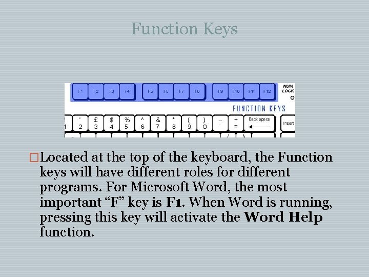 Function Keys �Located at the top of the keyboard, the Function keys will have