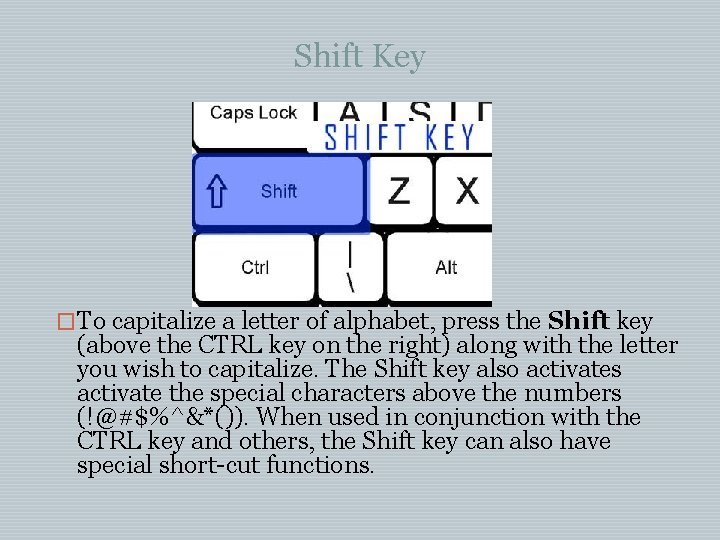 Shift Key �To capitalize a letter of alphabet, press the Shift key (above the Shift Key �To capitalize a letter of alphabet, press the Shift key (above the