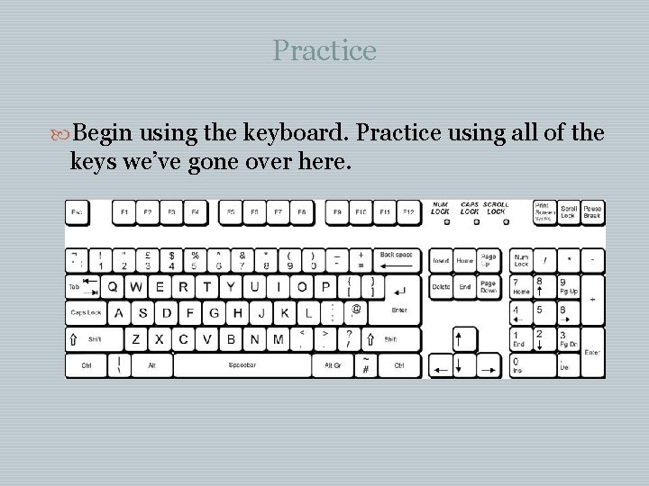 Practice Begin using the keyboard. Practice using all of the keys we’ve gone over