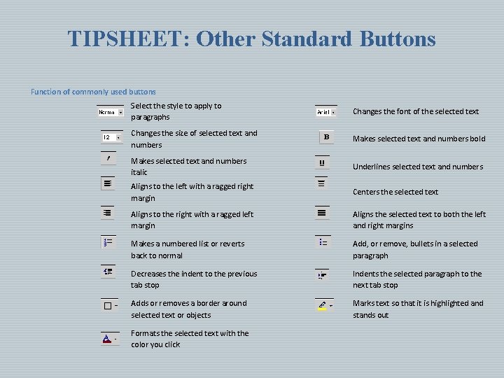 TIPSHEET: Other Standard Buttons Function of commonly used buttons Select the style to apply