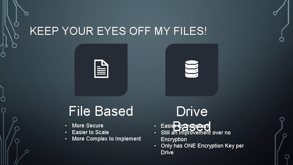 KEEP YOUR EYES OFF MY FILES! File Based • More Secure • Easier to