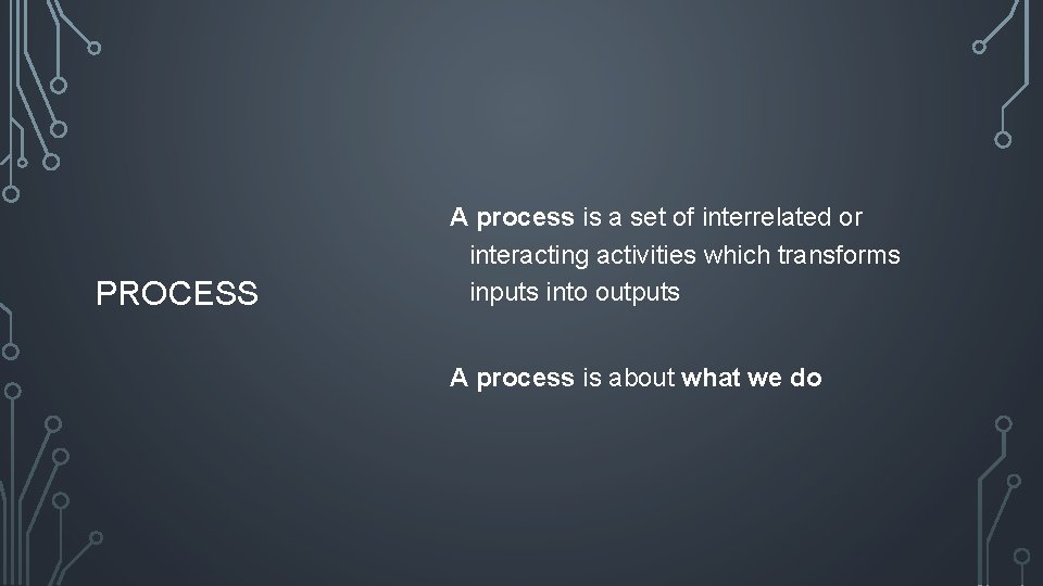 PROCESS A process is a set of interrelated or interacting activities which transforms inputs