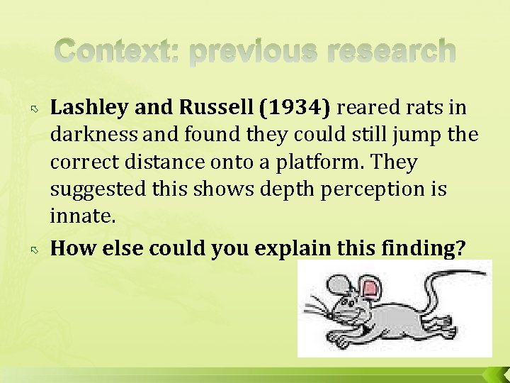 Context: previous research Lashley and Russell (1934) reared rats in darkness and found they