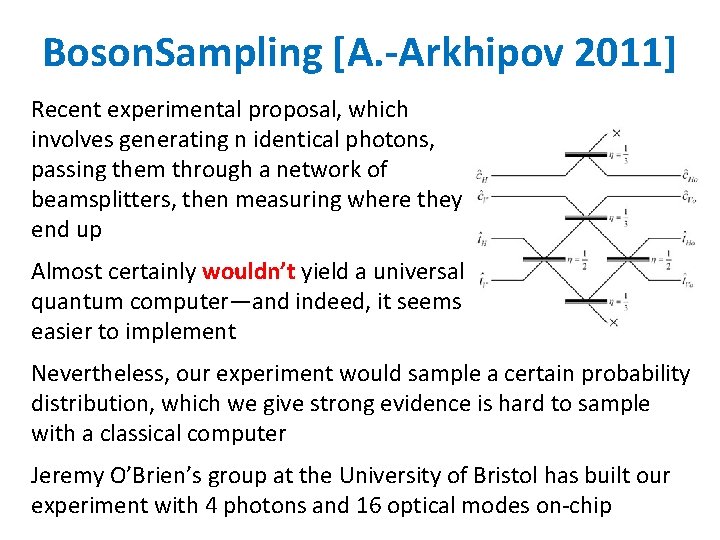 Boson. Sampling [A. -Arkhipov 2011] Recent experimental proposal, which involves generating n identical photons,