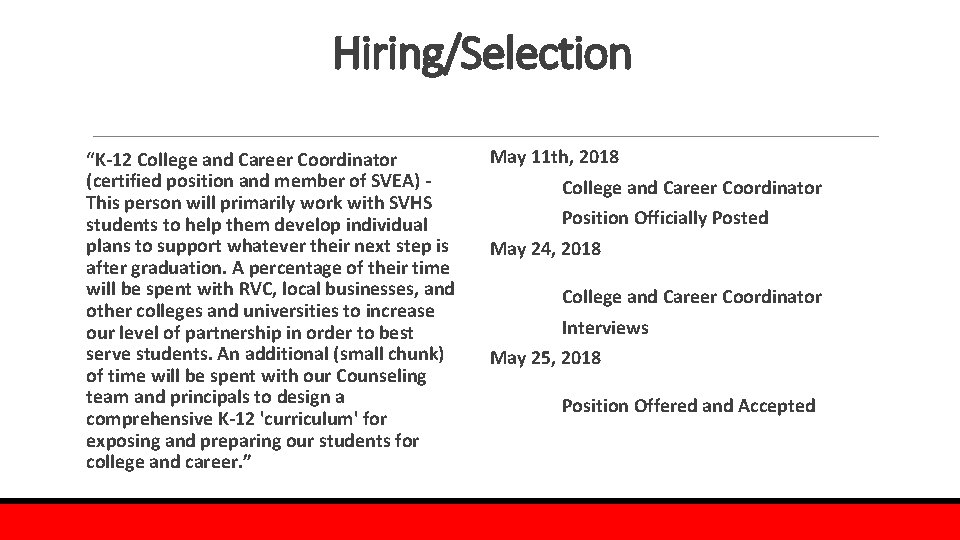 Hiring/Selection “K-12 College and Career Coordinator (certified position and member of SVEA) - This