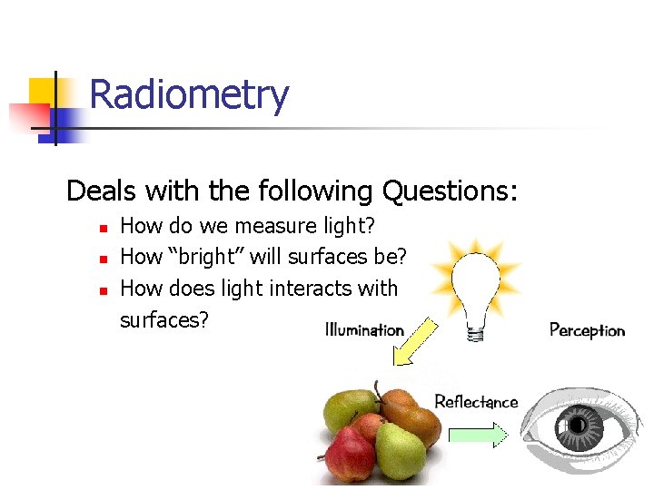 Radiometry Deals with the following Questions: How do we measure light? n How “bright”