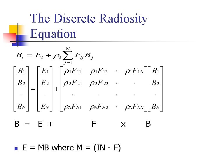 The Discrete Radiosity Equation B = E + F x B n E =