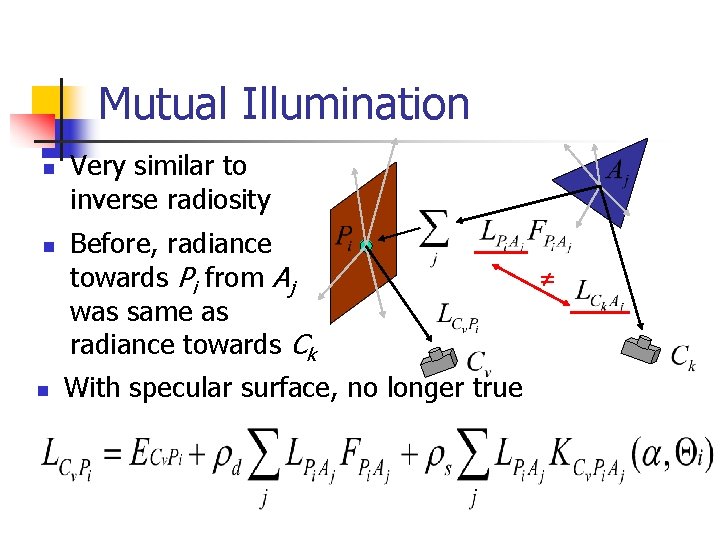 Mutual Illumination n Very similar to inverse radiosity Before, radiance towards Pi from Aj