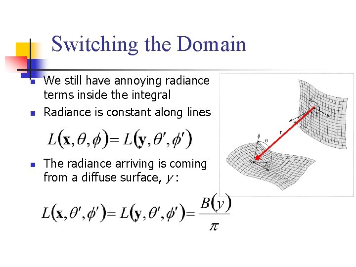 Switching the Domain n We still have annoying radiance terms inside the integral Radiance