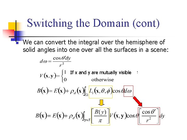 Switching the Domain (cont) n We can convert the integral over the hemisphere of