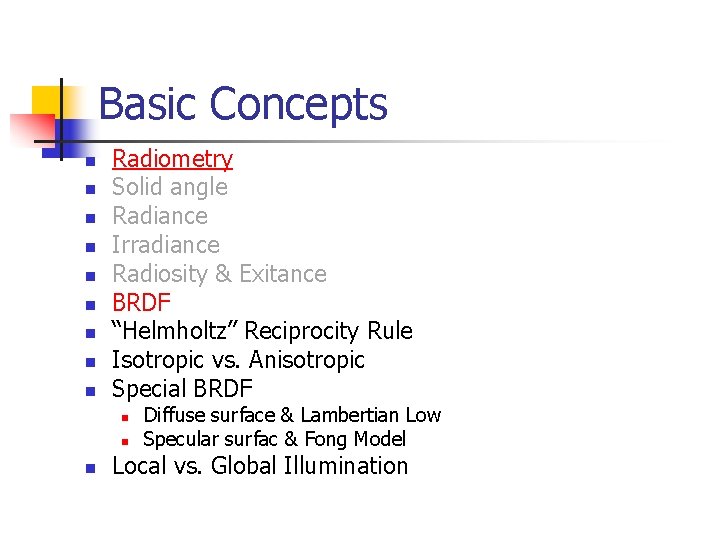 Basic Concepts n n n n n Radiometry Solid angle Radiance Irradiance Radiosity &