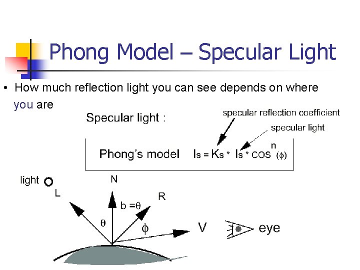 Phong Model – Specular Light • How much reflection light you can see depends