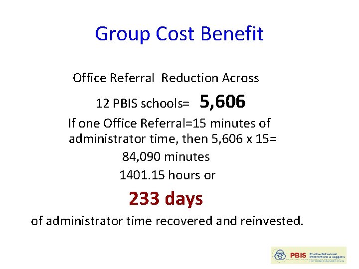 Group Cost Benefit Office Referral Reduction Across 12 PBIS schools= 5, 606 If one