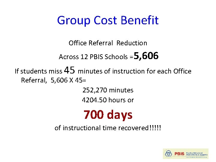 Group Cost Benefit Office Referral Reduction Across 12 PBIS Schools =5, 606 If students