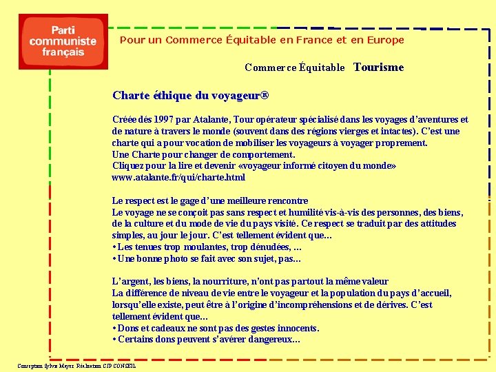 Pour un Commerce Équitable en France et en Europe Commerce Équitable Tourisme Charte éthique