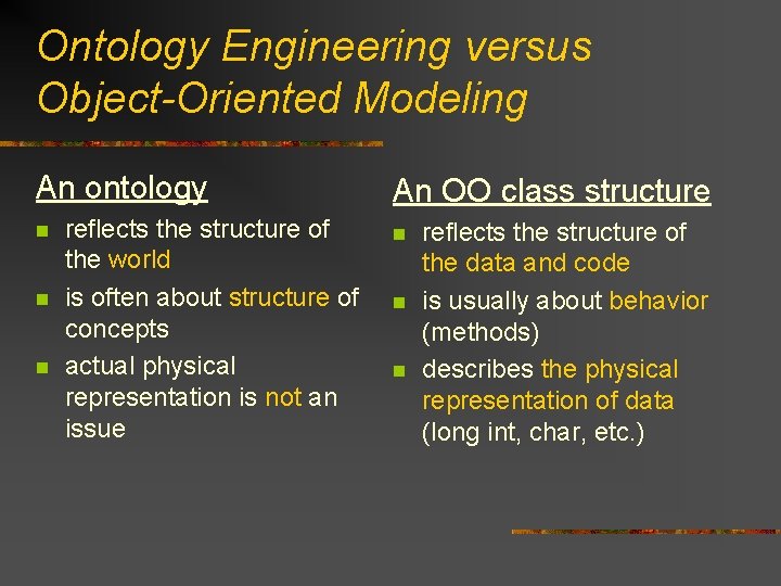 Ontology Engineering versus Object-Oriented Modeling An ontology n n n reflects the structure of