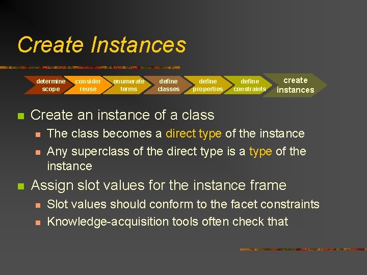 Create Instances determine scope n enumerate terms define classes define properties define constraints create