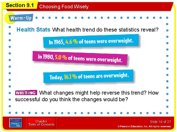 Section 9. 1 Choosing Food Wisely Health Stats What health trend do these statistics