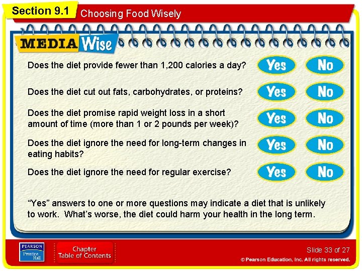 Section 9. 1 Choosing Food Wisely Does the diet provide fewer than 1, 200