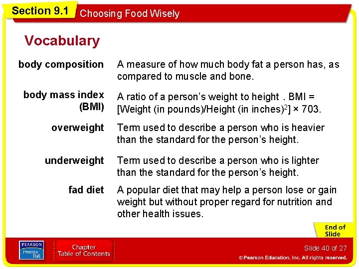 Section 9. 1 Choosing Food Wisely Vocabulary body composition body mass index (BMI) overweight