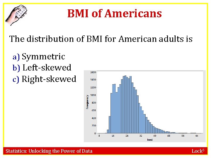 BMI of Americans The distribution of BMI for American adults is a) Symmetric b)