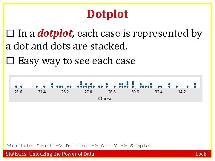 Dotplot � In a dotplot, each case is represented by a dot and dots