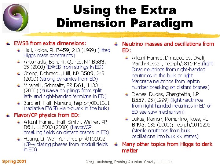 Using the Extra Dimension Paradigm EWSB from extra dimensions: Hall, Kolda, PL B 459,
