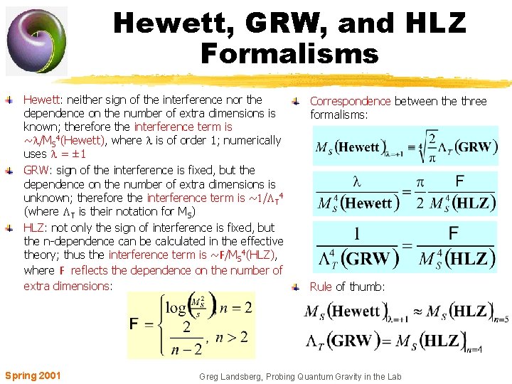 Hewett, GRW, and HLZ Formalisms Hewett: neither sign of the interference nor the dependence