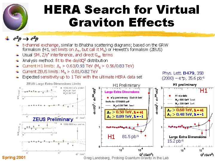 HERA Search for Virtual Graviton Effects e p t-channel exchange, similar to Bhabha scattering