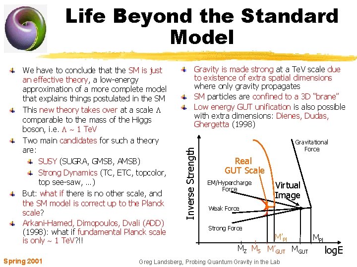 Life Beyond the Standard Model Spring 2001 Gravity is made strong at a Te.