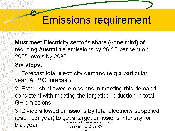 Emissions requirement Must meet Electricity sector’s share (~one third) of reducing Australia’s emissions by