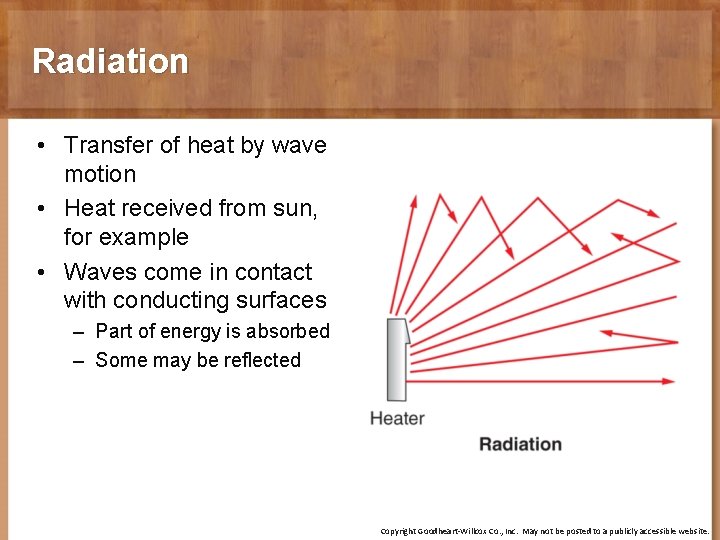 Radiation • Transfer of heat by wave motion • Heat received from sun, for