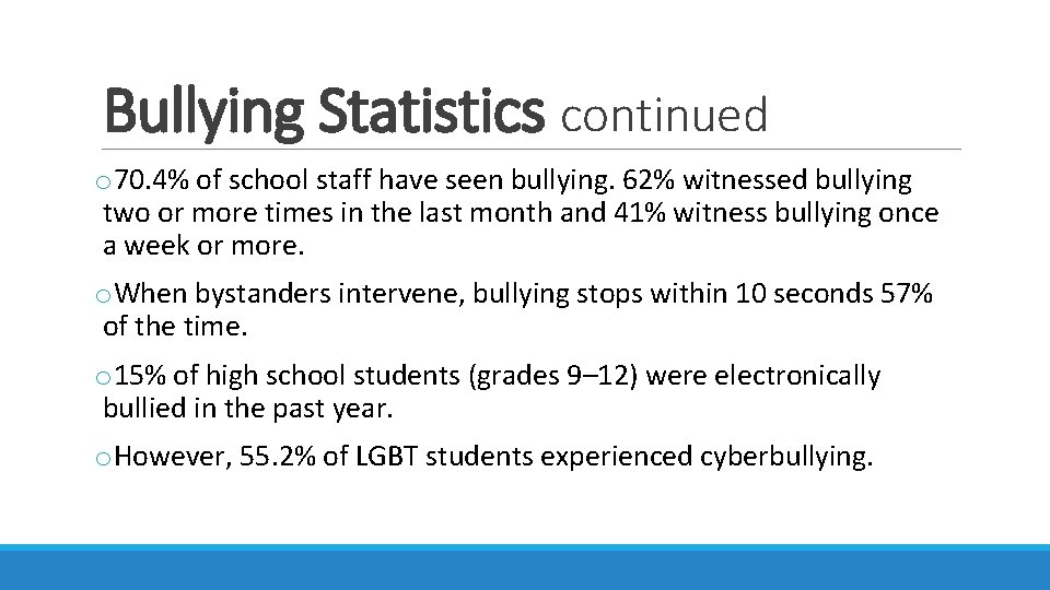 Bullying Statistics continued o 70. 4% of school staff have seen bullying. 62% witnessed
