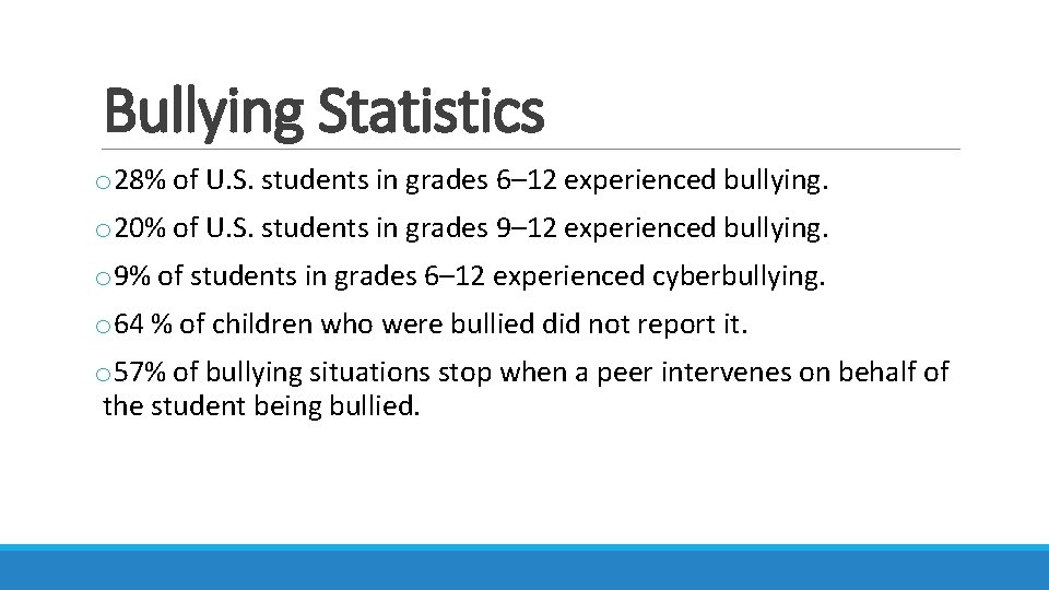 Bullying Statistics o 28% of U. S. students in grades 6– 12 experienced bullying.