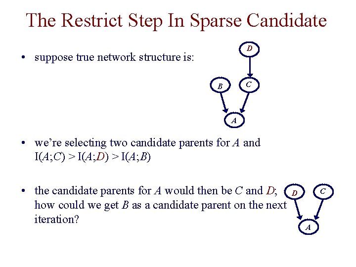 The Restrict Step In Sparse Candidate D • suppose true network structure is: C