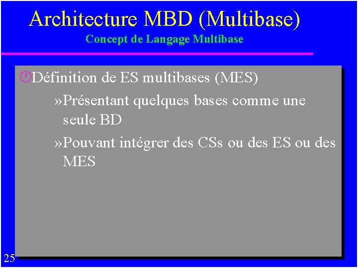 Architecture MBD (Multibase) Concept de Langage Multibase ·Définition de ES multibases (MES) » Présentant