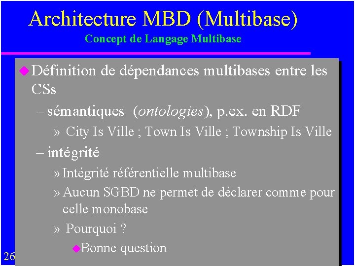 Architecture MBD (Multibase) Concept de Langage Multibase u Définition de dépendances multibases entre les