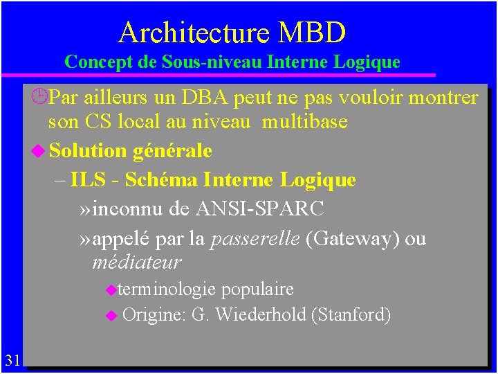 Architecture MBD Concept de Sous-niveau Interne Logique ¹Par ailleurs un DBA peut ne pas