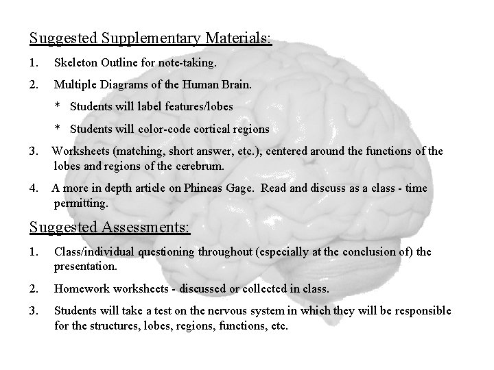 Suggested Supplementary Materials: 1. Skeleton Outline for note-taking. 2. Multiple Diagrams of the Human