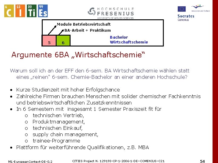 Module Betriebswirtschaft BA-Arbeit + Praktikum 5 6 Bachelor Wirtschaftschemie Argumente 6 BA „Wirtschaftschemie“ Warum